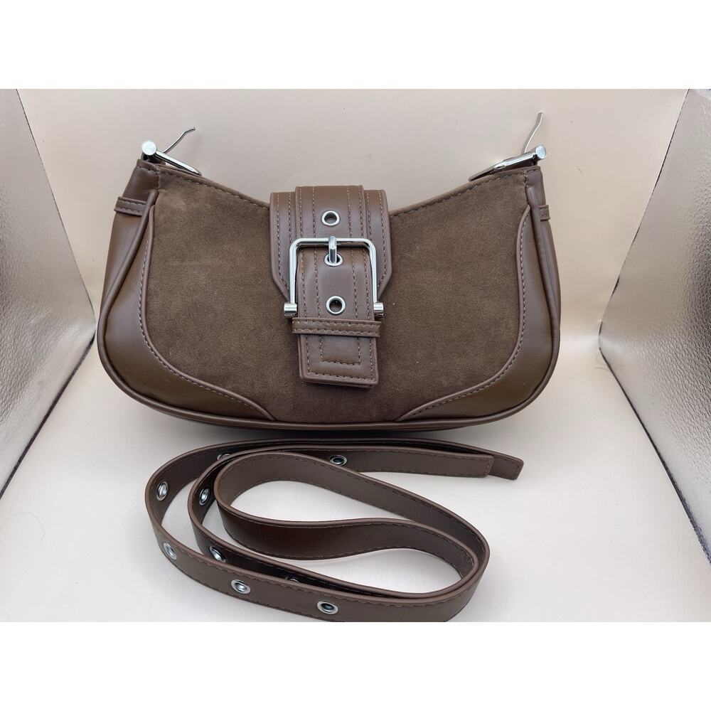 Brown Faux Suede Buckle Shoulder Bag Y2K 2000s Adjustable Strap